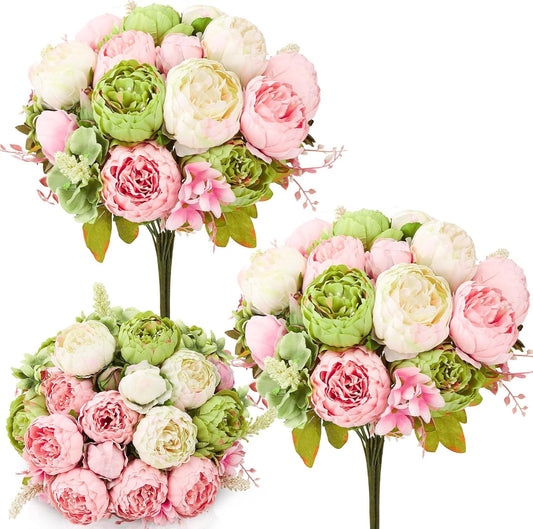 Silk Peony Flower Arrangement, 2 Bouquets Vintage Green White, Pink Artificial Hydrangea Stems for Wedding, Home, Centerpiece, Table Decor