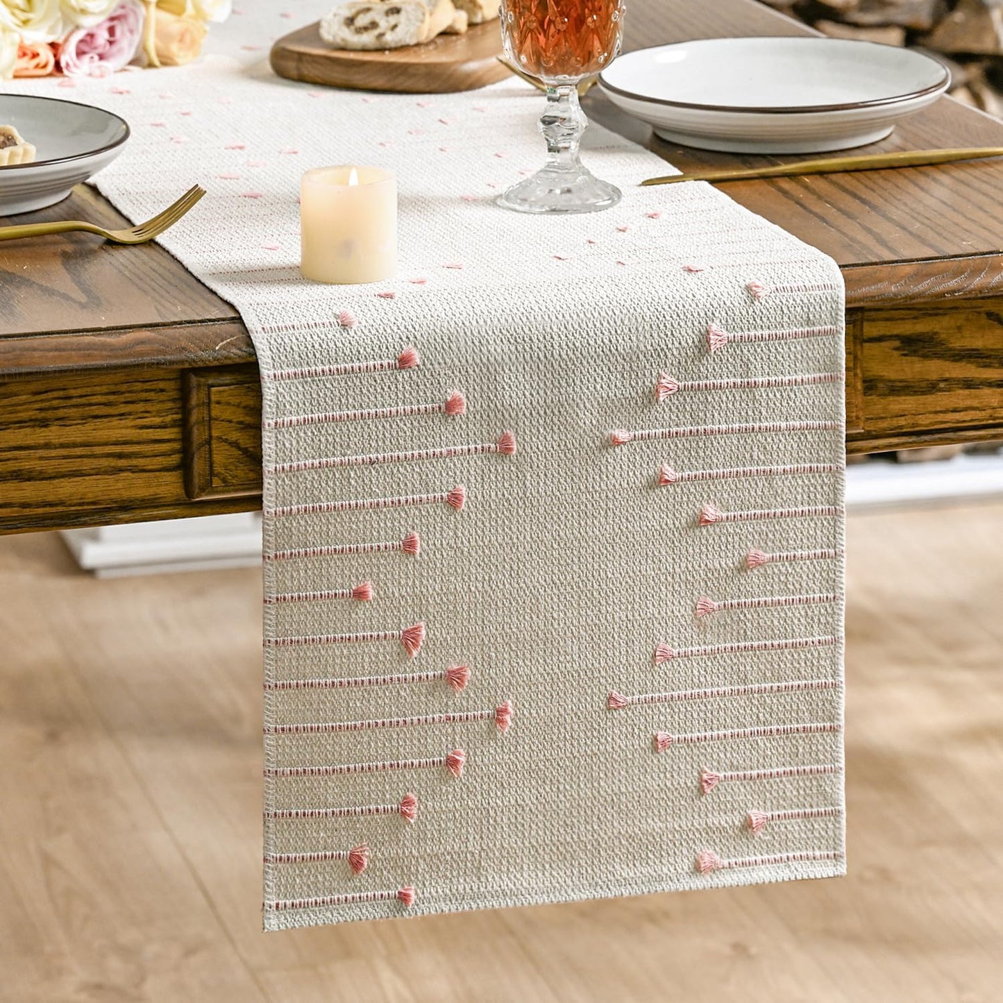 Artoid Mode Pink Boho Table Runner for Farmhouse Rustic，Seasonal Holiday Macrame Burlap Kitchen Dining Table Decoration for Home Party Decor 12x72 Inch