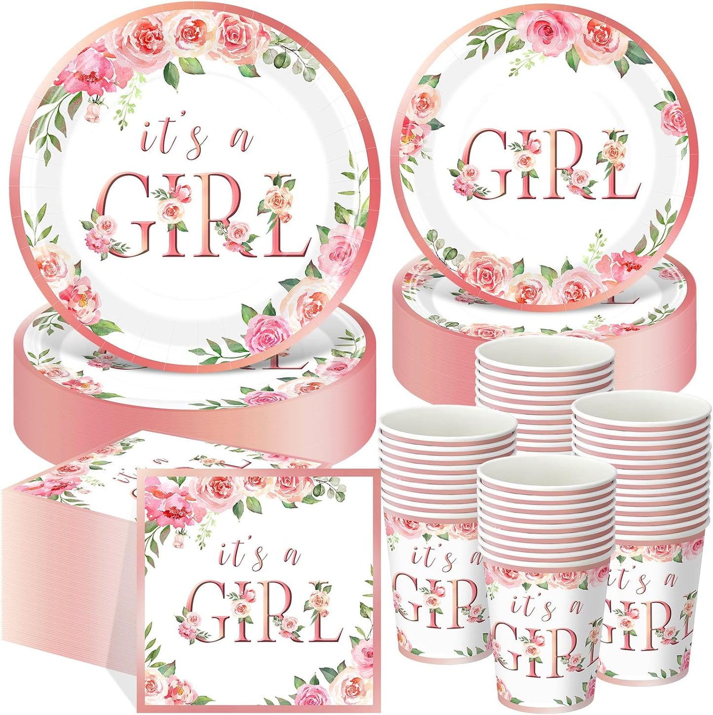 Funnymoom 250 Pcs Baby Shower Decoration for Girl, Pink Floral Paper Plates Napkins and Cups It's a Girl Baby Shower Party Tableware for Gender Reveal Spring Birthday Decorations, Serves 50