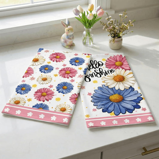 GEEORY Floral Spring Summer Kitchen Towels Set of 2,18x26 Inches Pink Dish Cloths -Flowers Hello Sunshine Farmhouse Design,Holiday Hand Towels for Spring Decor & Gifting