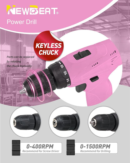 Cordless Drill Set, 12V Power Drill Driver with 2 Battery and Charger, Pink Electric Drill Power Tool for Women DIY Gifts