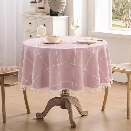 ZeeMart Boho Grid Table Cloth with Tassels (Pink, 52" Round), Heavy Weight Linen Checked Embroidered Farmhouse Tablecloth, Water Resistant Round Pink Tablecloths