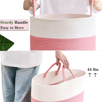 80L Extra Large Pink Hamper Tall Laundry Basket for Girls Kids Nursery Hamper for Baby Woven Cotton Rope Laundry Basket for Little Girls Room Bedroom, 16x22 Inches