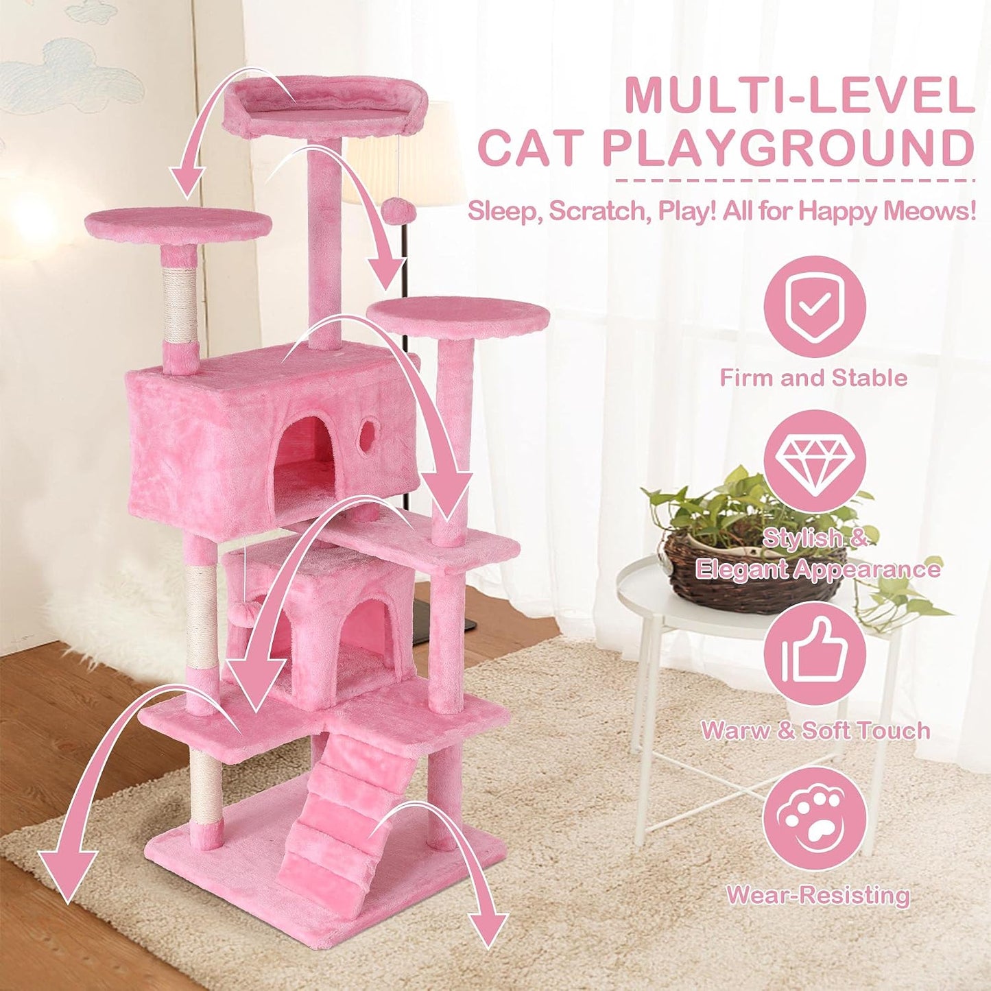 54'' Tall Cat Tree for Indoor Cats, Multi-Level Furniture with 3 Scratching Post, Stand Platform and 2 Condo, Tower Funny Toys, Corner Towers Large Pink