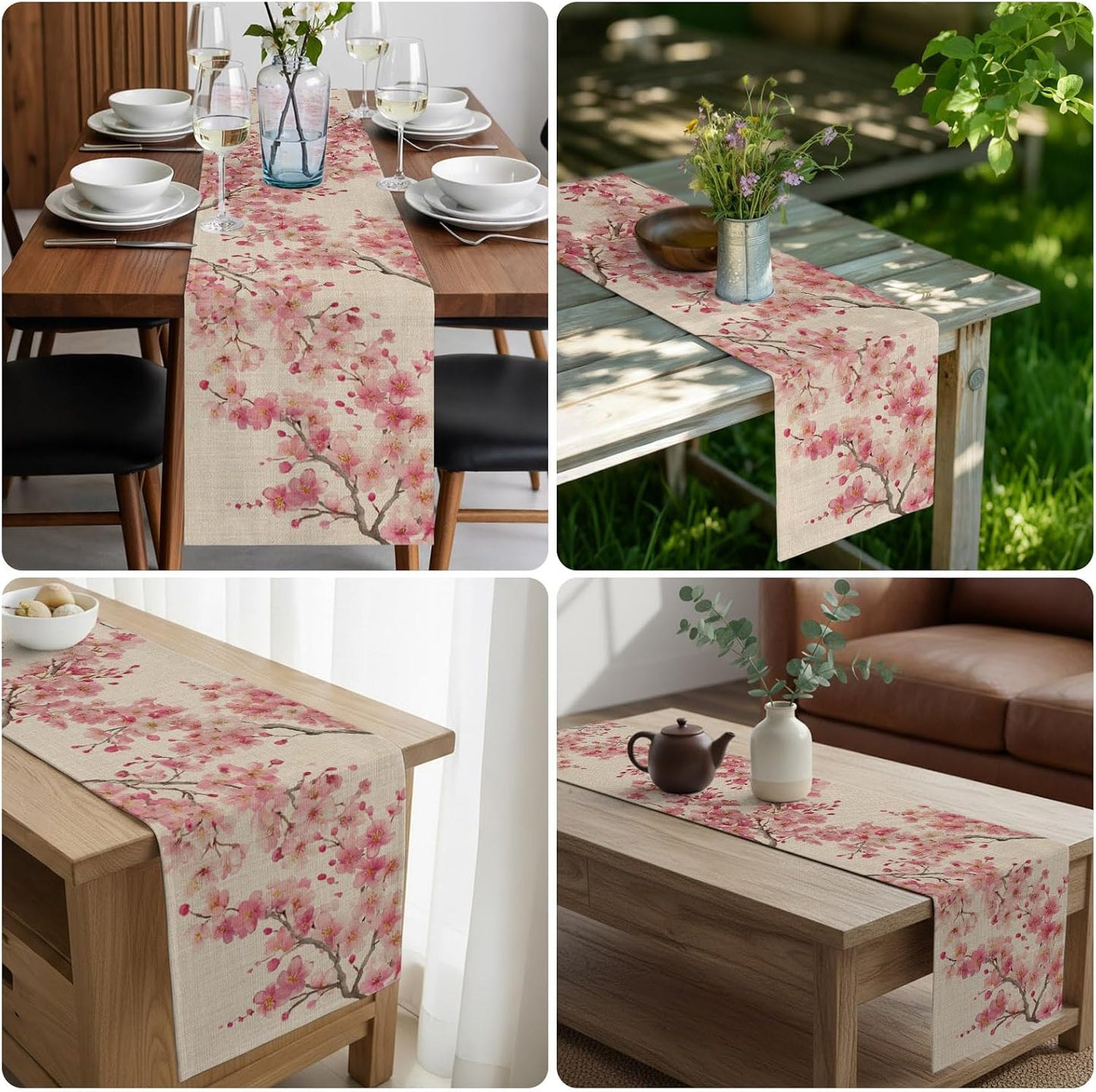 Table Runner 60 Inches Long, Peaches Branches Decorative Table Runner for Party Wedding Home Decor, Farmhouse Spring Botanical Pink Flowers Dresser Scarves for Bedroom Kitchen Tables Decor 13x60 Inch