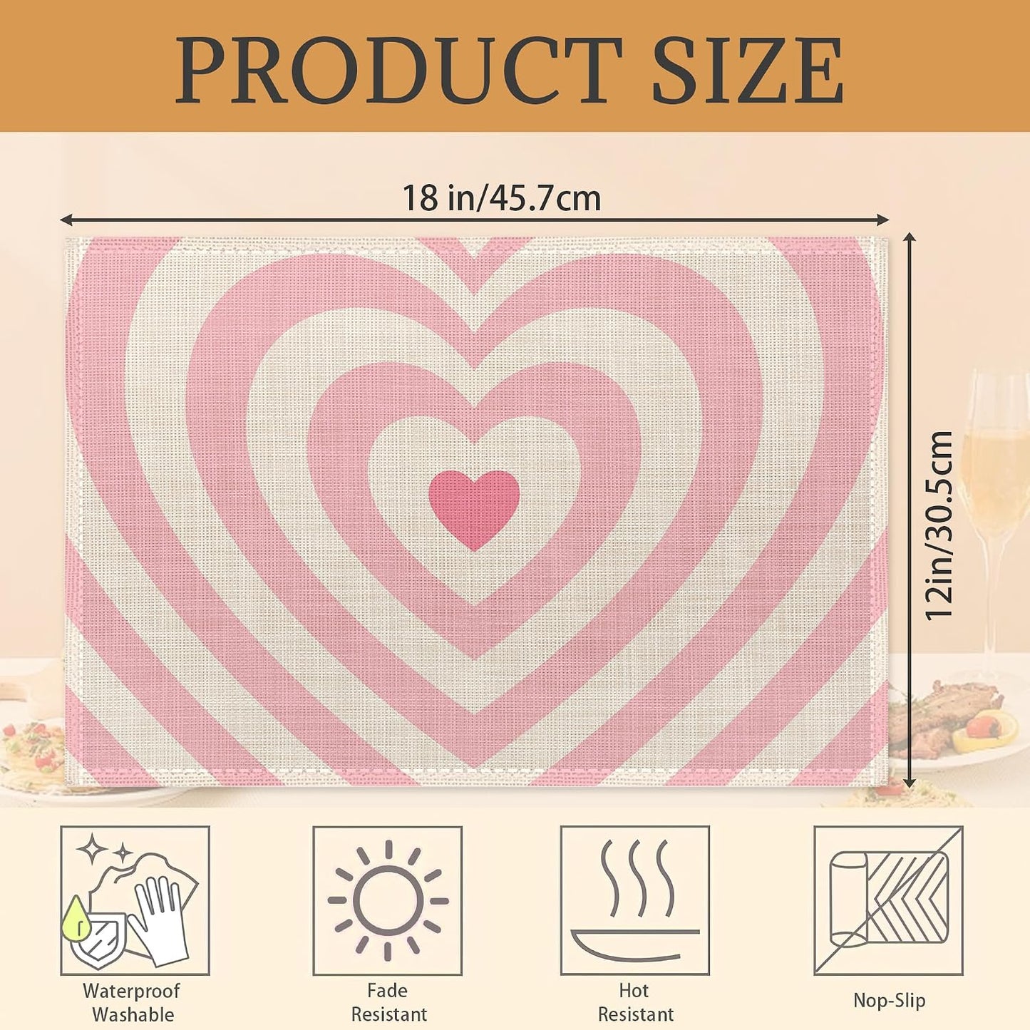Heart Pink Groovy Placemats Set of 6 Place Mats for Kitchen Table Washable Farmhouse Linen Table Mats Dining Decoration 12x18 Inch