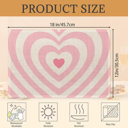 Heart Pink Groovy Placemats Set of 6 Place Mats for Kitchen Table Washable Farmhouse Linen Table Mats Dining Decoration 12x18 Inch