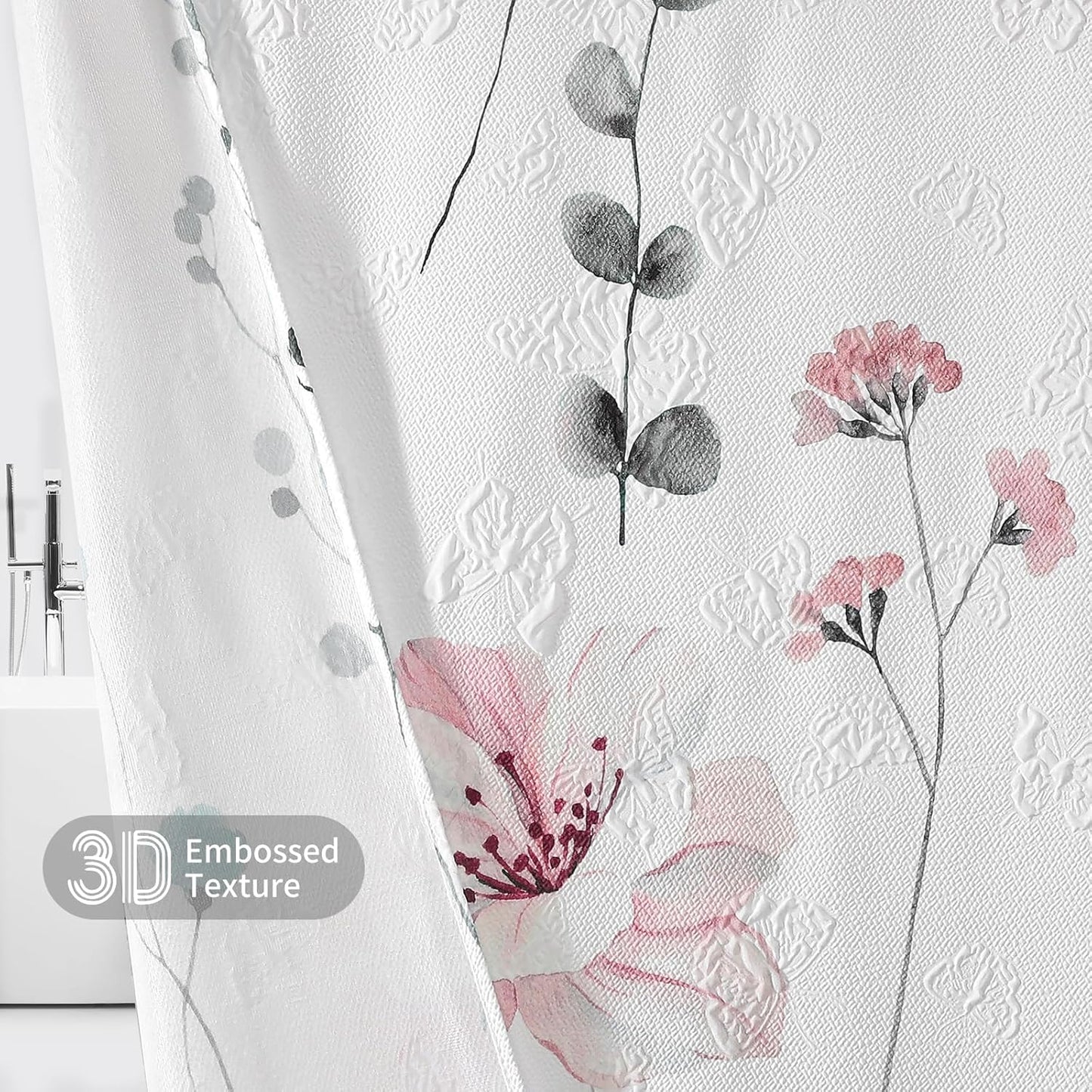 QiyI Watercolor Floral Shower Curtain, 3D Embossed Butterflies Grey Pink Flower Bathroom Curtain, Minimalist White Cloth Bath Curtain, Waterproof Fabric Textured Shower Curtain Set with Hooks, 72x72