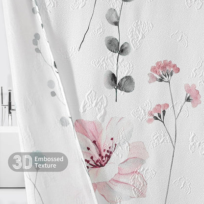 QiyI Watercolor Floral Shower Curtain, 3D Embossed Butterflies Grey Pink Flower Bathroom Curtain, Minimalist White Cloth Bath Curtain, Waterproof Fabric Textured Shower Curtain Set with Hooks, 72x72