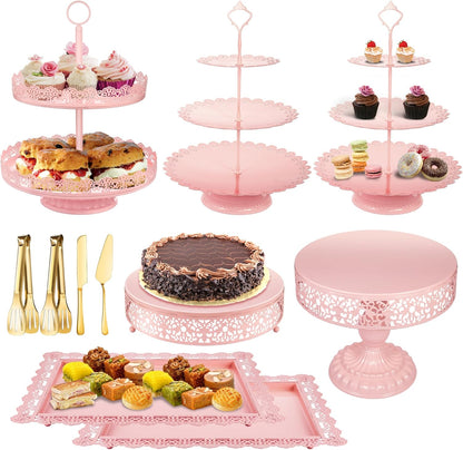 Pink Dessert Table Display Set Cake Stand, Metal Tiered Cupcake Holder Food Candy Plate Serving Tower Tray Platter With Tong, Cake Knife and Server Set For Wedding Baby Shower Celebration Decor 11PCS