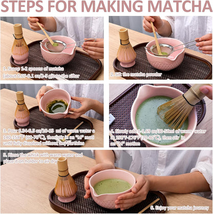 Joyscale Matcha Whisk Set, Matcha Set Whisk And Bowl, 8 Pcs Matcha Kit Set(Texture Design), 16 OZ, Japanese Matcha Tea Set, Matcha Making Kit Gifts for Tea Lovers(Pink)