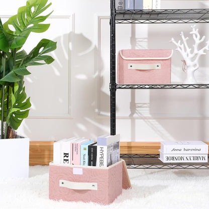 ANMINY Fabric Storage Bin with Lid Rose Print Storage Box Basket with PU Leather Handles Washable PP Plastic Board Decorative Foldable Lidded Shelf Cubes Closet Organizer Container - Pink, Small Size