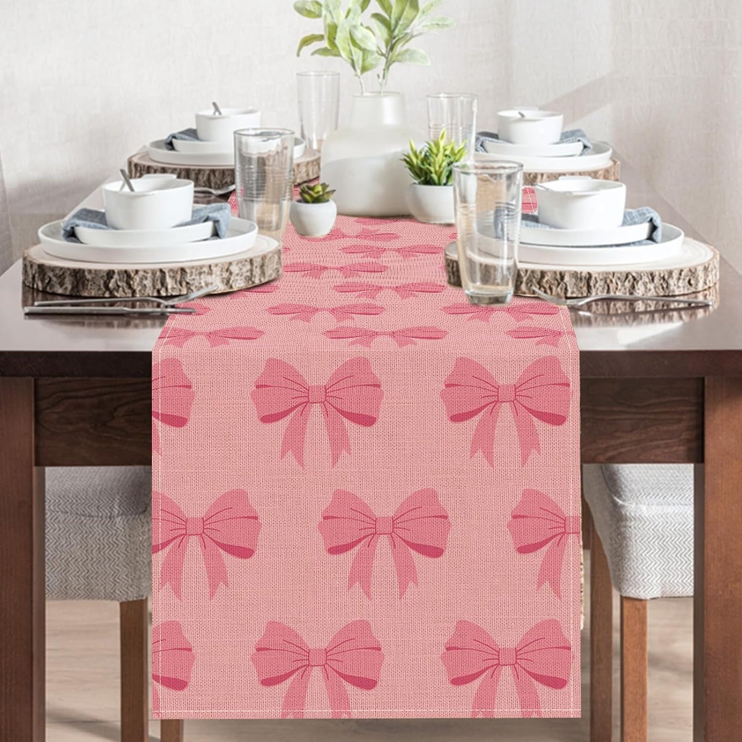 Pink Bow Dining Table Runner, Coquette Ribbon Preppy Burlap Kitchen Decoration, Aesthetic Girly Indoor Outdoor Home Decor Party Supply 13 x 72 Inches