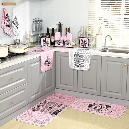 Fourluoo 10 Pcs Farmhouse Kitchen Decor and Accessories Set 4 Kitchen Towels 2 Pot Holders 2 Oven Mitts 2 Rugs for Cooking Baking Mom Housewarming Gifts(Soft Pink,Appealing Style)