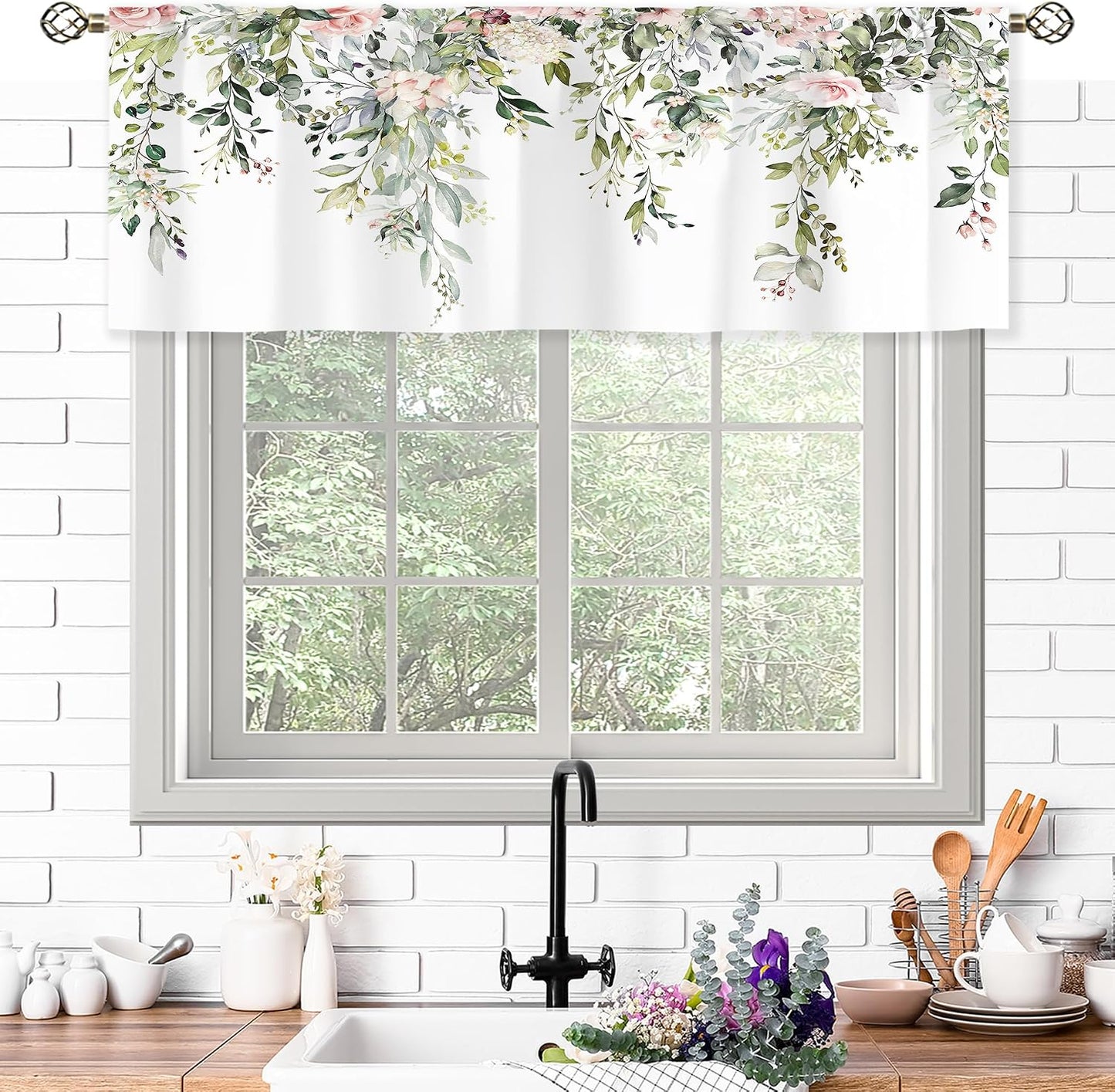 Pink Rose Valances Kitchen Curtains Flower Eucalyptus Botanical Leaves Window Drapes Floral Plants Bedroom Bathroom Living Room Treatment Tier 1 Panel 52Wx18H Inch