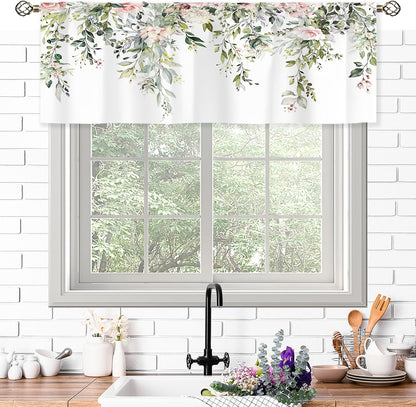 Pink Rose Valances Kitchen Curtains Flower Eucalyptus Botanical Leaves Window Drapes Floral Plants Bedroom Bathroom Living Room Treatment Tier 1 Panel 52Wx18H Inch