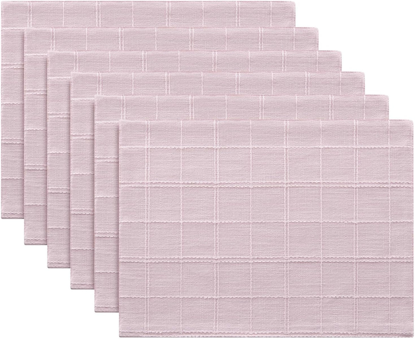 ZeeMart Linen Checked Farmhouse Placemats Set of 6, Pink 13x19in | Double Layer, Reversible, Thick Textured Table Mats, Raised Grid Embroidery, Machine Washable, Boho Home Kitchen Decor