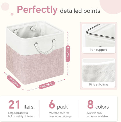 FinishingBo Cube Storage Bins, 6 Pack 11x11 inch with Cotton Handles for Closet, Shelves, Clothes, Towel (White/Pink)