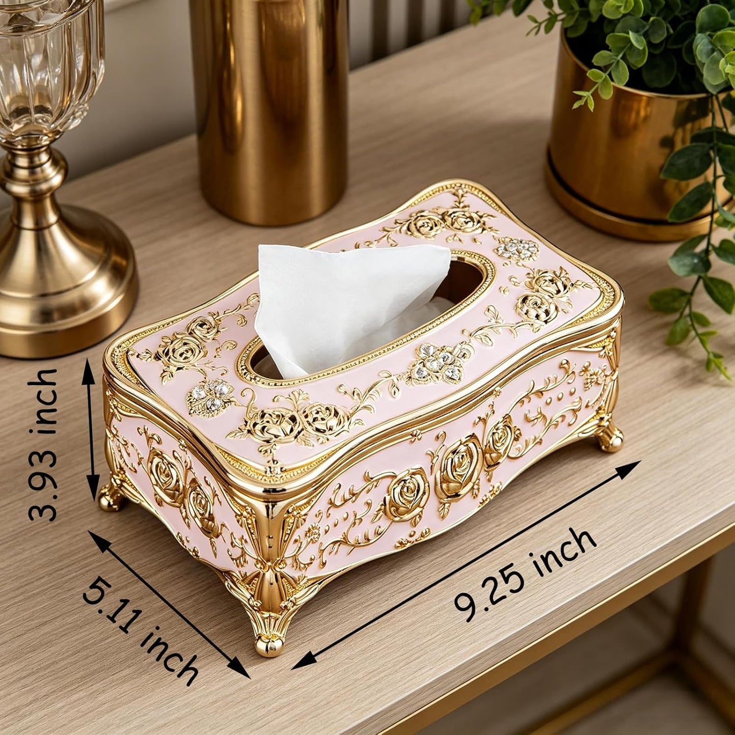 Moorfowl Vintage European Tissue Box Cover Rectangle Rose Pattern Long Tissue Box Holder for Bathroom Vanity Countertop, Bedroom Dresser, Nightstand and End Table (Gold Pink)