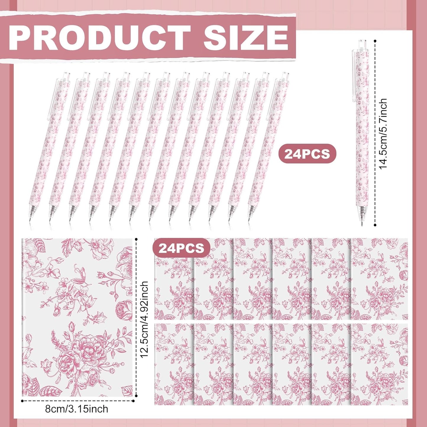 Engrowtic 24 Set Pink and White Floral Mini Notebooks and Ballpoint Pens Chinoiserie Vintage Pocket Notepads Gel Pens Small Journals for Bridal Wedding Baby Shower