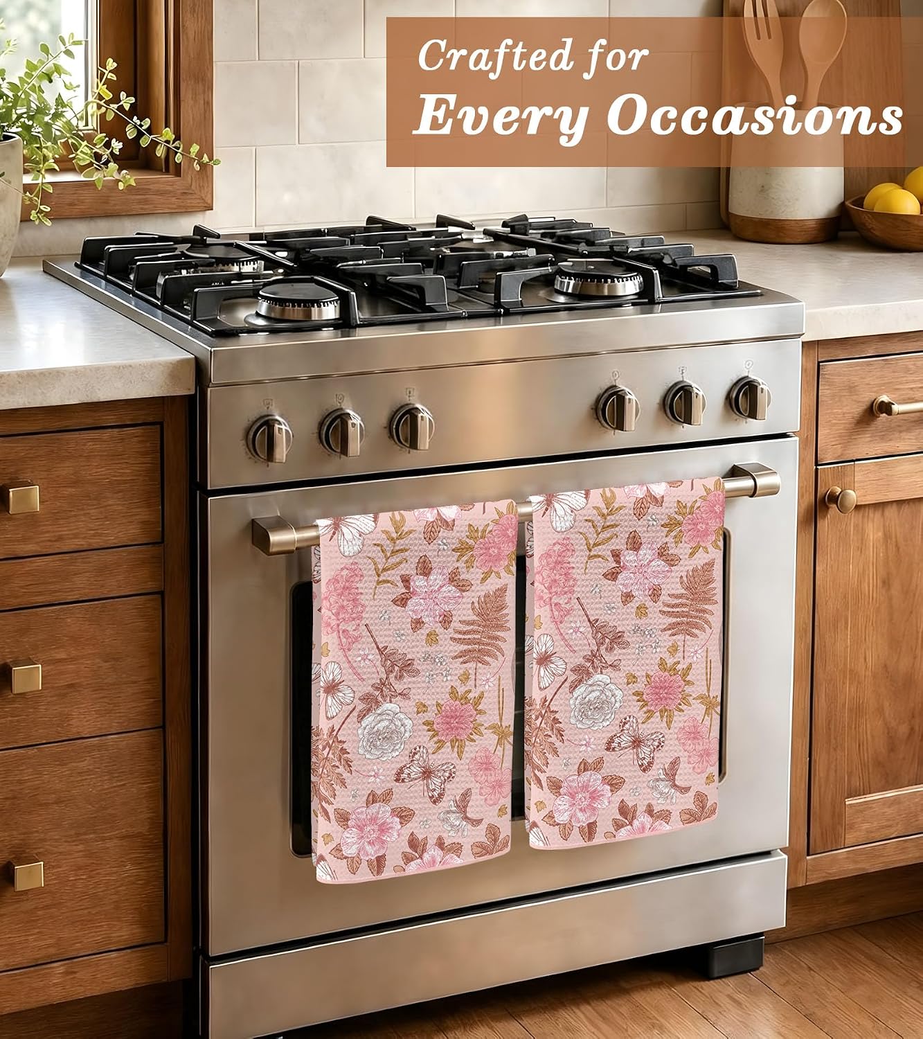 Waffle Kitchen Towels - 2pcs Waffle Weave Dish Cloths Set with Hanging Loop Microfiber Drying Hand Tea Towels Decorative Absorbent Cute Design 16x26 Inch for Housewarming Gift, Pink Flower
