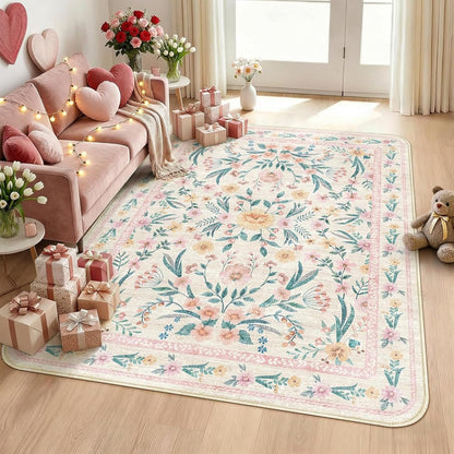 Pink Boho Rug 5x8 with Rounded Corners – Washable Floral Pastel Non-Slip Area Rug for Nursery, Girls Bedroom, Kids Room, Living Room, Playroom, Dorm Decor