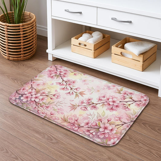 Floral Blossom Quick Dry Bath Mat, Elegant Peach Cherries Blossom Decorative Non Slip Shower Mat, Spring Washable Bath Rugs for Bathroom Toilet Restroom 20x32 Inch