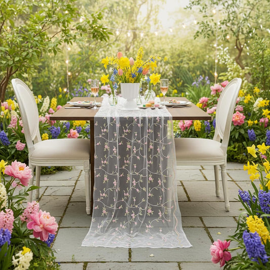 Lounsweer 3 Pcs Flower Table Runner 10ft Embroidery Flower Seasonal Table Runner Tulle Fabric Spring Summer Lace Tablecloth for Bridal Shower Baby Shower Holiday Kitchen Dining Decor DIY Craft