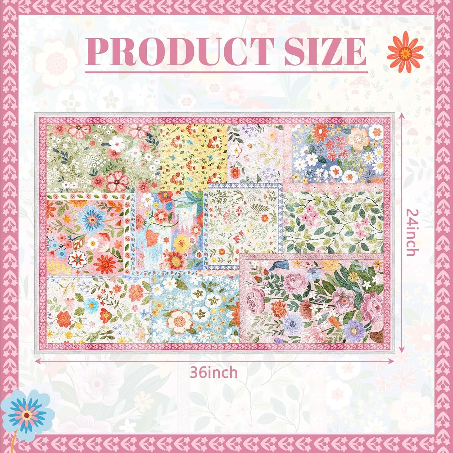 Dunzy 2x3ft Pink Floral Quilted Door Mat Flower Cute Pastel Spring Patchwork Rug Washable Non Slip Carpet for Entryway Bedroom Living Room Kitchen Laundry Front Indoor