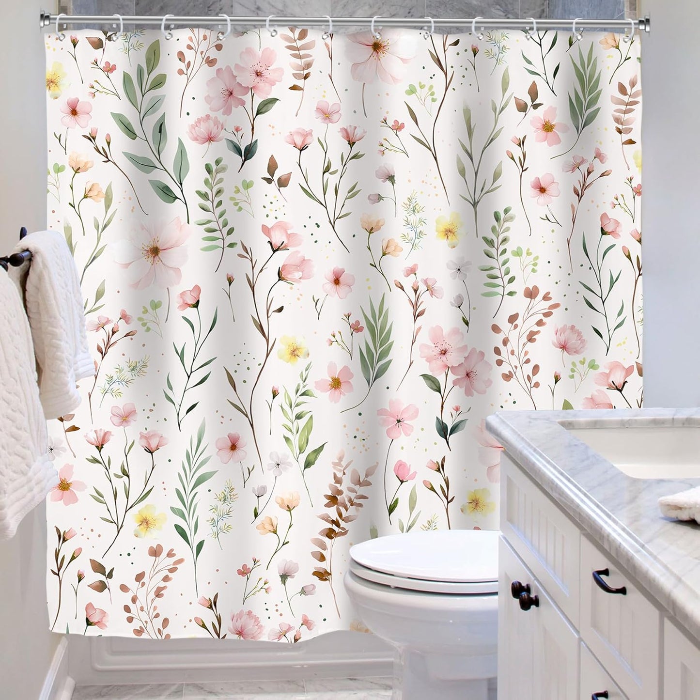 Riyidecor Pink Floral Flower Shower Curtain for Bathroom Decor 72Wx72H Light Pink Green Farmhouse Leaves Plants Botanical Boho Countryside Art Printed Fabric Polyester Waterproof 12 Pack Plastic Hooks