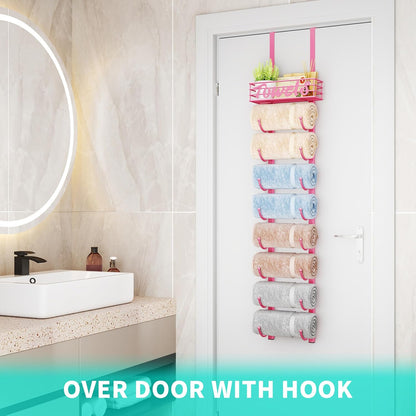 HapiRm Towel Racks for Bathroom Storage - 9 Tier Over The Door & Wall Mount Rolled Towel Storage Organizer Holder with Metal Shelf Basket for Small Bathroom, Camper, Rv - Pink, Patented