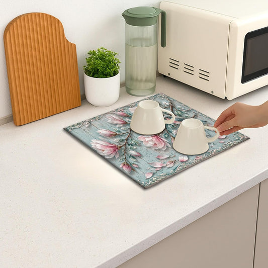 Floral Dish Drying Mats for Kitchen Counter, Peach Green Vintage Absorbent Dish Drainer Rack Mat, Spring Rustic Microfiber Drying Pad Protector 16x18 Inch