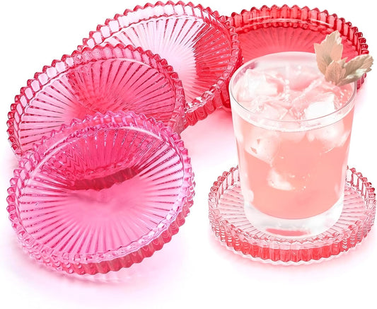 Queekay 4 Set Modern Clear Glass Coasters for Drinks Colored Glass Crystal Coasters House Warming Gifts New Home Coffee Table Decor for Office, Kitchen, Bar, Dining Room, Living Room (Pink)