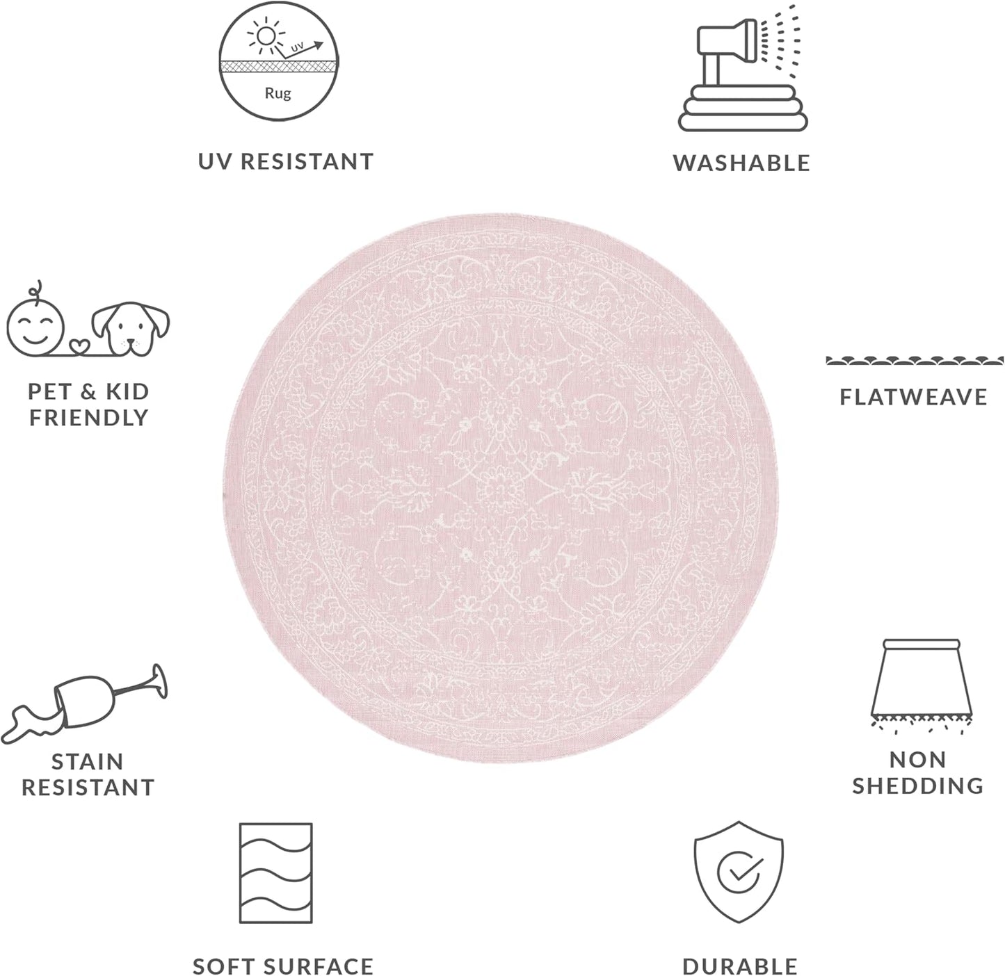 SAFAVIEH Courtyard Collection 6'7" Round Soft Pink/Ivory CY8680 Indoor/ Outdoor Waterproof Easy Cleaning Patio Backyard Mudroom Area Rug