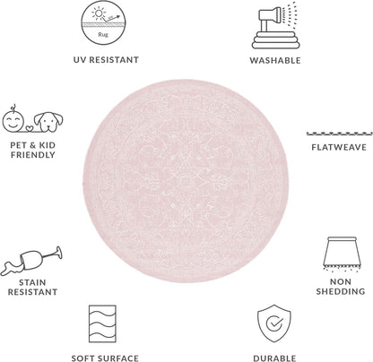 SAFAVIEH Courtyard Collection 6'7" Round Soft Pink/Ivory CY8680 Indoor/ Outdoor Waterproof Easy Cleaning Patio Backyard Mudroom Area Rug