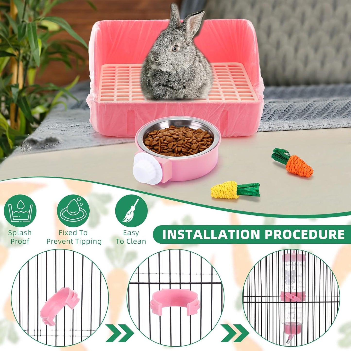 34 Pcs Rabbit Starter Kit Rabbit Litter Box Small Animal Water Bottle Cups Bunny Tunnels Animal Grooming Kit Bowl Blanket with Cleaning Set for Guinea Pig Bunny(Style 1,Light Pink)