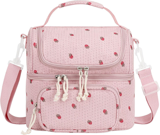 HowFly Lunch Bag for Women Insulated Lunch Boxes Corduroy Resuable Double Deck Lunch Box for Girls Teens Kigs Boys Portable Thermal Cooler Bags for School Work, Pink Strawberry (Red)