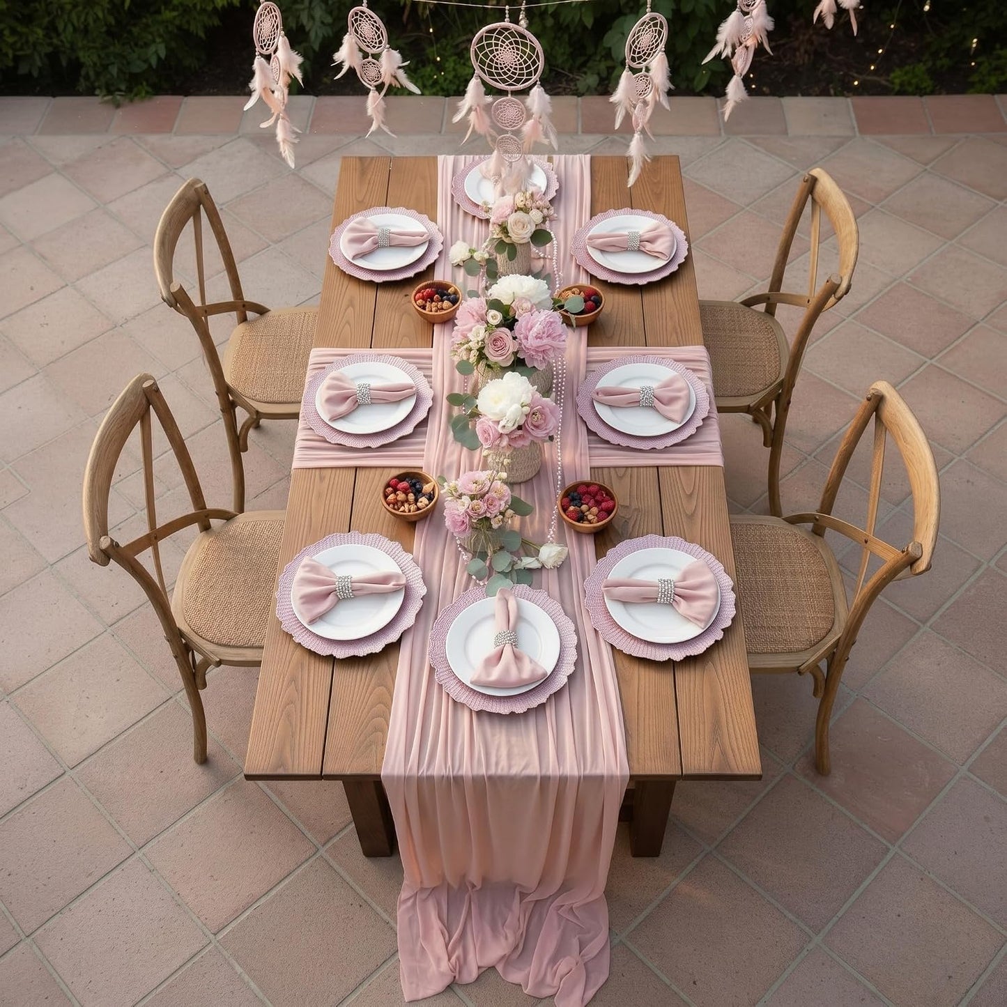 19 Pcs Pink Boho Placemats Set Include 6 Pink Charger Plates 118 Inch Long Farmhouse Table Runner Centerpiece 6 Cheesecloth Napkins 6 Napkin Ring for Dinner Wedding Bridal Party Decoration