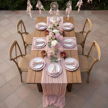 19 Pcs Pink Boho Placemats Set Include 6 Pink Charger Plates 118 Inch Long Farmhouse Table Runner Centerpiece 6 Cheesecloth Napkins 6 Napkin Ring for Dinner Wedding Bridal Party Decoration