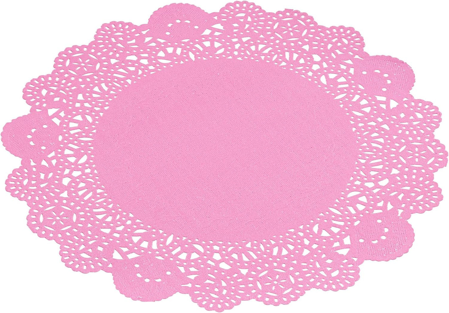 Pastry Tek 8 x 8 Inch Paper Lace Doilies, 100 Disposable Table Doilies - Elegant Lace Finish, Long Lasting, Pink Paper Doily, for Pastries, Cupcakes, Desserts - Restaurantware