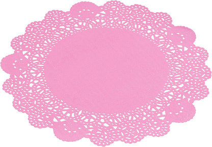 Pastry Tek 8 x 8 Inch Paper Lace Doilies, 100 Disposable Table Doilies - Elegant Lace Finish, Long Lasting, Pink Paper Doily, for Pastries, Cupcakes, Desserts - Restaurantware