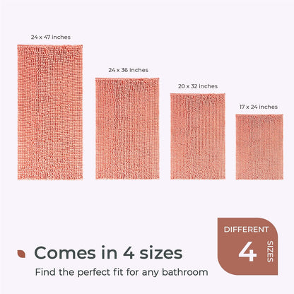 FRESHMINT Chenille Bathroom Rugs Mat 24"x17",Non-Slip Bath Mat for Bathroom Floor & Bathtub, Washable Soft Shower Shag Bath Rugs, Durable Fluffy Thick Water Absorbent Microfiber Shower Mat, Coral