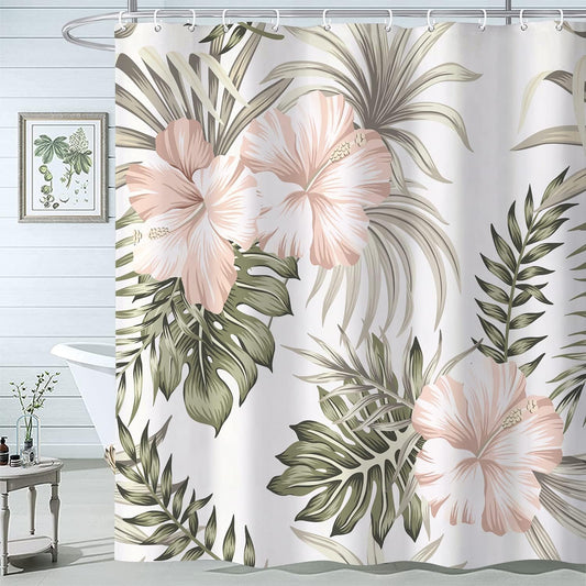 Tropical Floral Plant Shower Curtain for Bathroom, Vintage Hibiscus Flower Palm Leaves Sage Green Pink Shower Curtains Set, Foliage Fabric Bathroom Accessories with Hooks 72 x 72