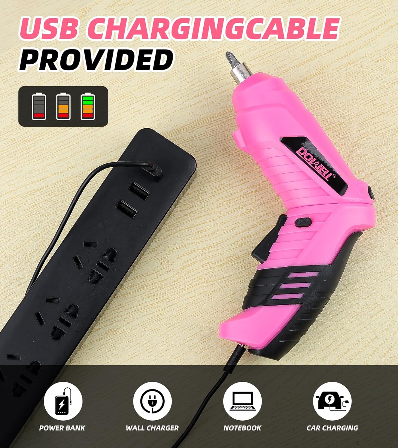 DOWELL Power Electric Cordless Screwdriver Set Rechargeable 3.6V Power Screwdriver Kit Tools for Women with 28pcs Accessories, Pink