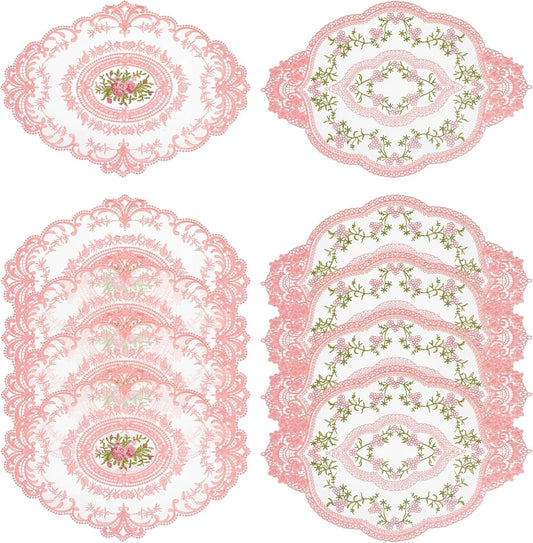 10 Pcs Lace Placemats 12''x16'' Pink Retro Lace Doilies Oval Embroidered Table Place Mats Vintage French Crochet Doilies Flower Coasters Cup Mat for Home Kitchen Wedding Cup Vase Table Decor