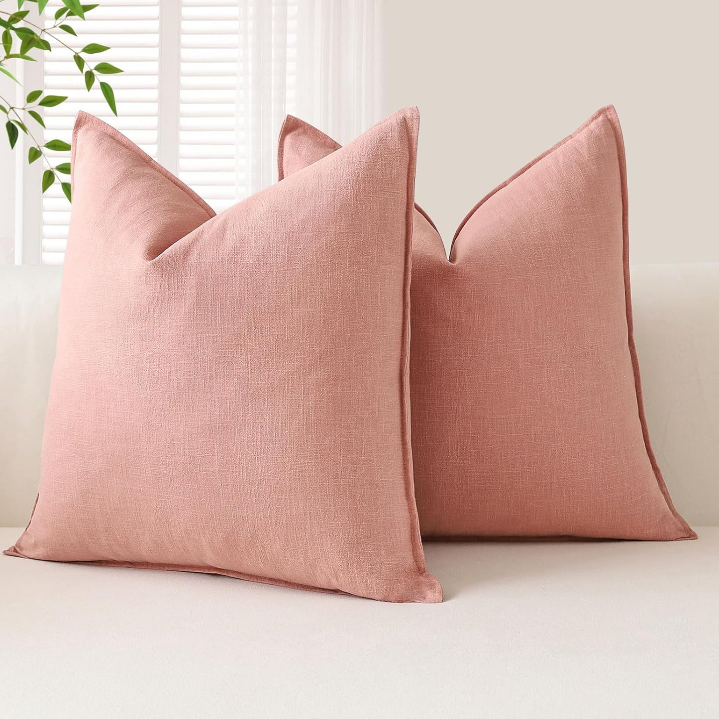 OTOSTAR Pack of 2 Linen Solid Throw Pillow Covers 18 x 18 Inch Boho Decorative Pillowcases Soft Accent Pillow Covers for Sofa Couch Chair Bedroom Farmhouse Home Decor Cushion Covers, Pink