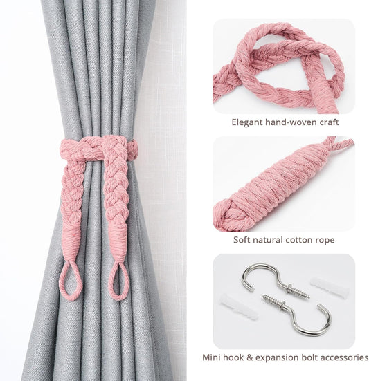 NICEEC 2 Pack Natural Cotton Rope Curtain Tiebacks Elegant Boho Style Decorative Drape Tie Backs Soft Hand-Woven Rope Curtain Holdbacks with Metal Hook for Home & Office Drapery (Pink)