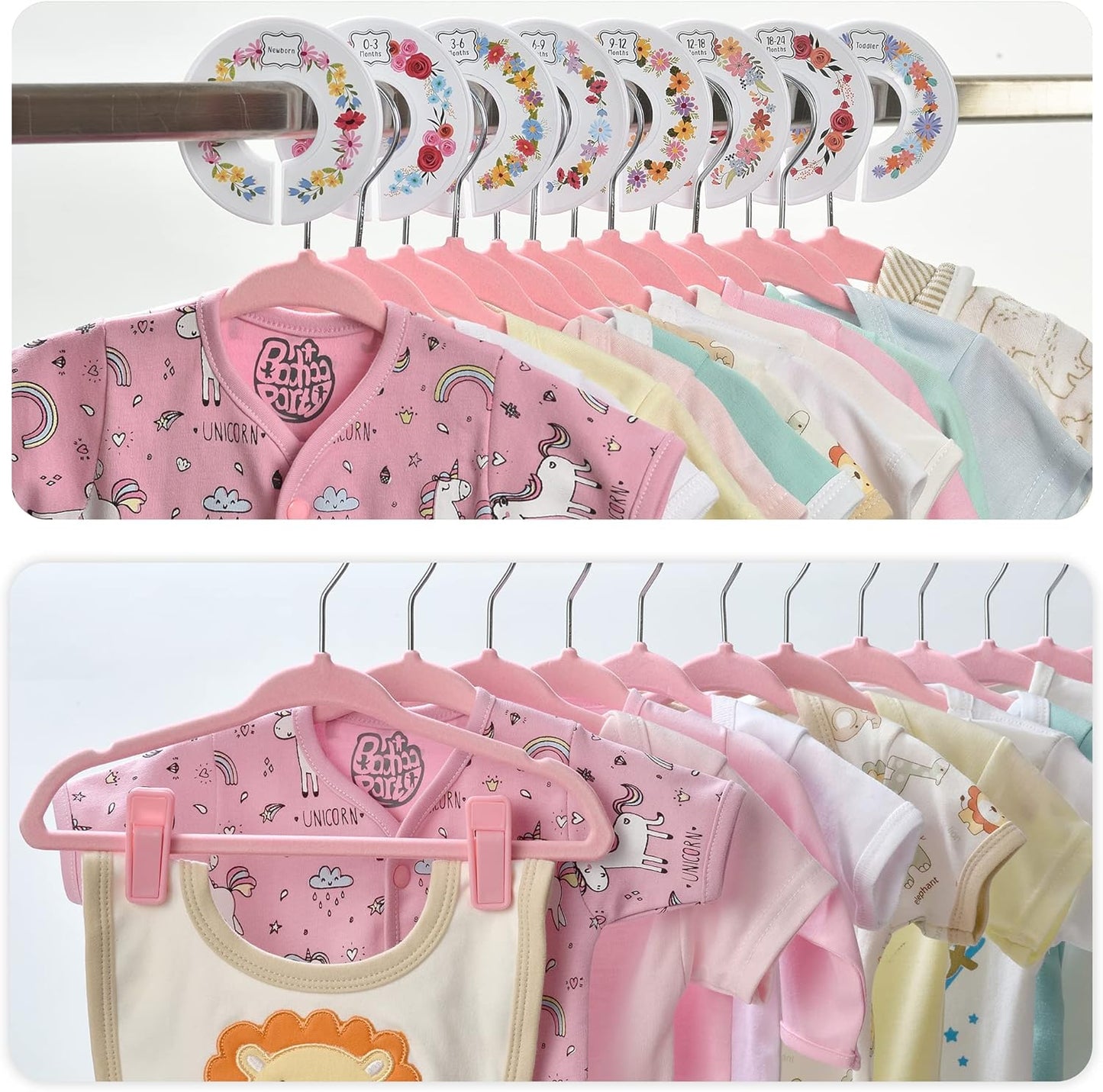 Babyrish Velvet Baby Hangers with 10x Clips and 8X Dividers (30 Pack) | 11” Ultra-Slim Baby Clothes Hangers | Non-Slip Felt | Space-Saving Nursery & Infant Closet Organizer | Pink