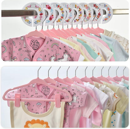 Babyrish Velvet Baby Hangers with 10x Clips and 8X Dividers (30 Pack) | 11” Ultra-Slim Baby Clothes Hangers | Non-Slip Felt | Space-Saving Nursery & Infant Closet Organizer | Pink