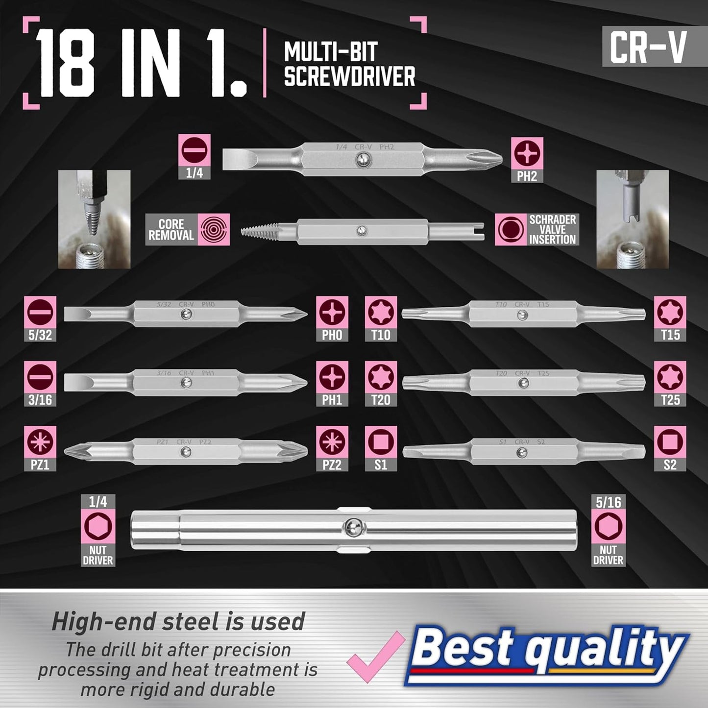 Amartisan 18-in-1 Multi-bit Screwdriver Set Tool All in One, Portable Multi-Purpose Screwdriver, Slotted/Philips/Pozi/Torx/Square,Nut Driver (Pink)
